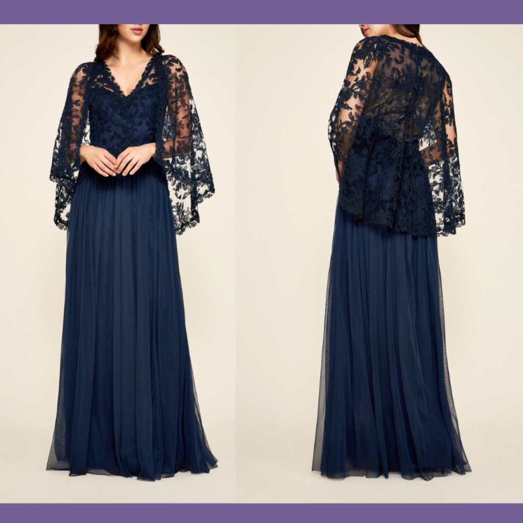 New $568 Tadashi Shoji Cove Tulle Cape Gown In Navy Blue [Sz 4 ]